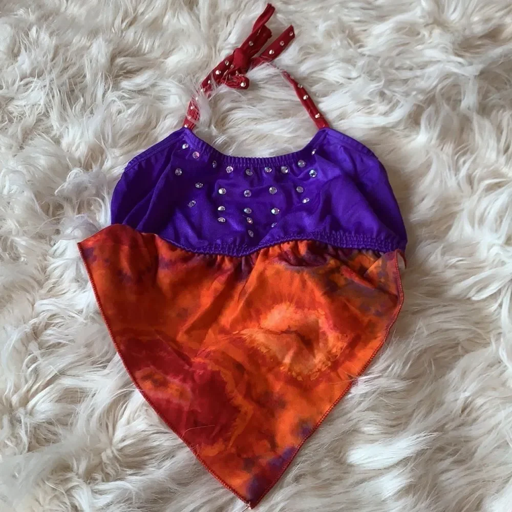 Custom dance costume with Swarovski crystals. Orange, Red and Purple Two Piece